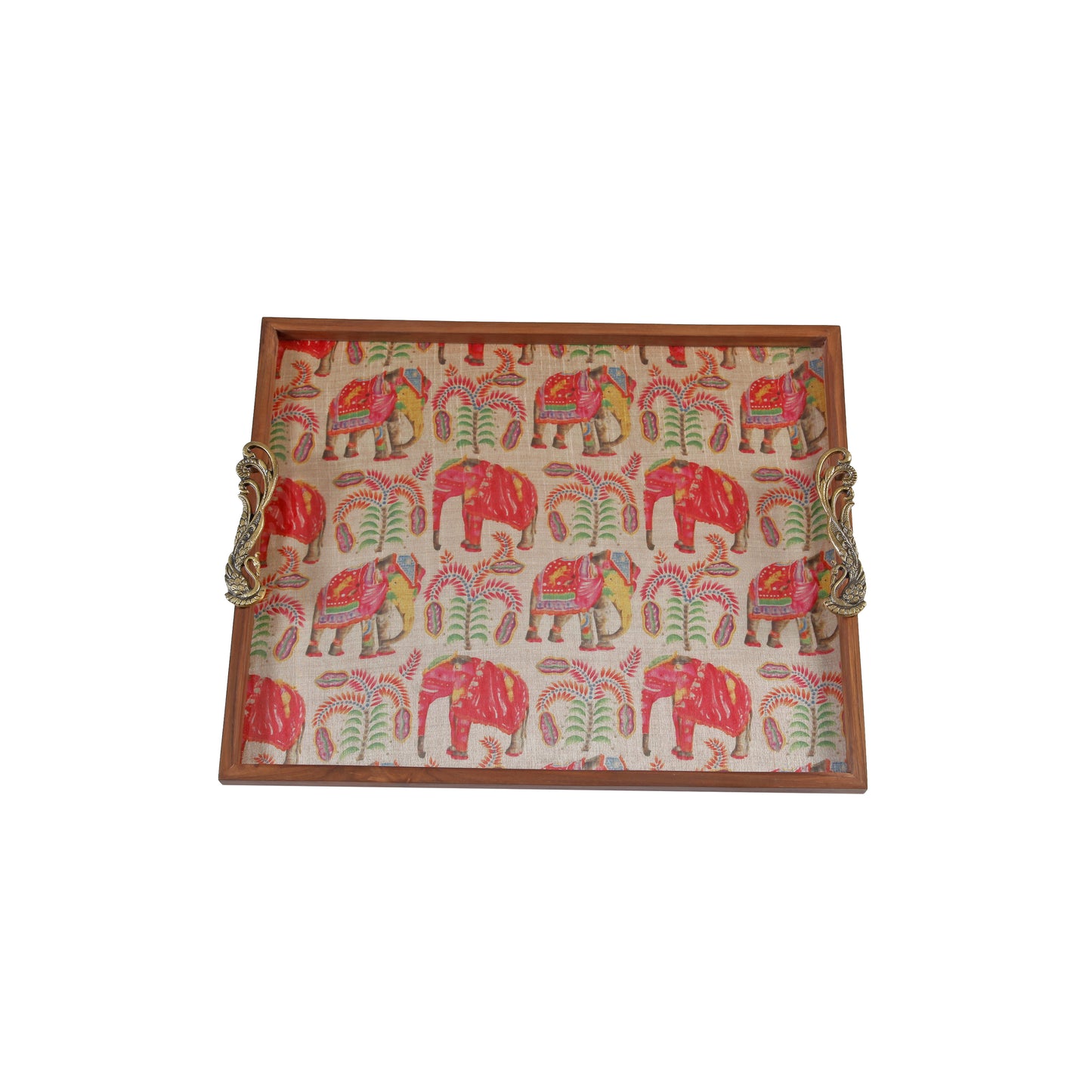 A Tiny Mistake Multicolour Elephant Print Teak Tray with Brass Handle Big Serving Tray