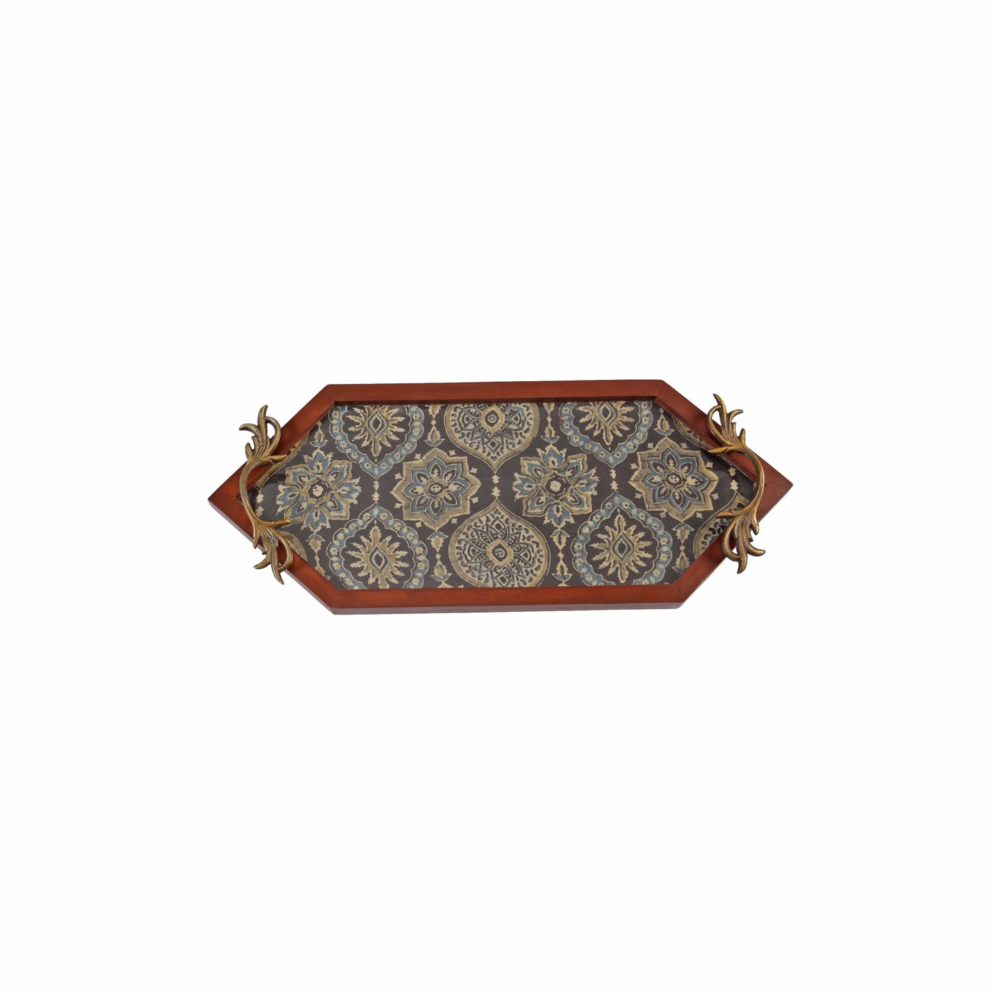 A Tiny Mistake Diamond Shaped Blue Modal Pattern Teak Serving Tray with Brass Handle, Tray for Serving Tea and Snacks, 49 x 20 x 2 cm