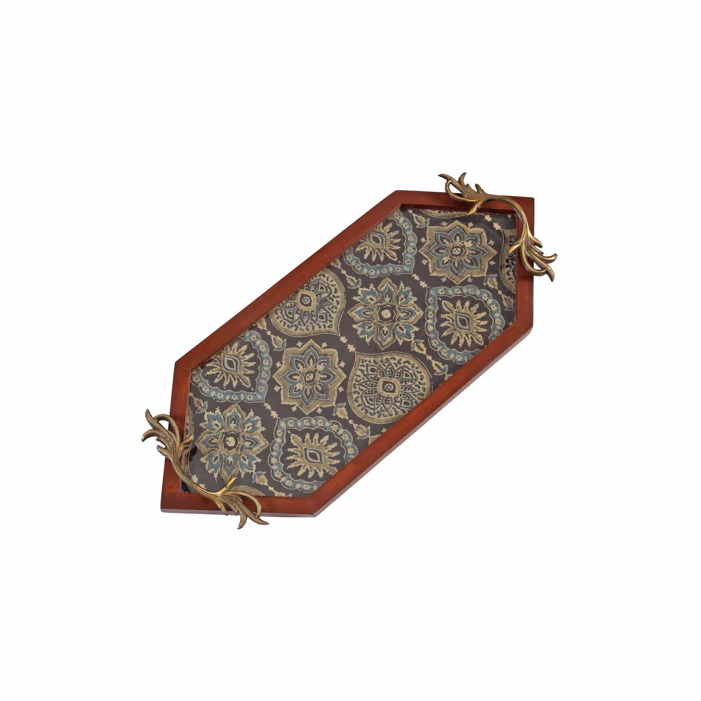 A Tiny Mistake Diamond Shaped Blue Modal Pattern Teak Serving Tray with Brass Handle, Tray for Serving Tea and Snacks, 49 x 20 x 2 cm