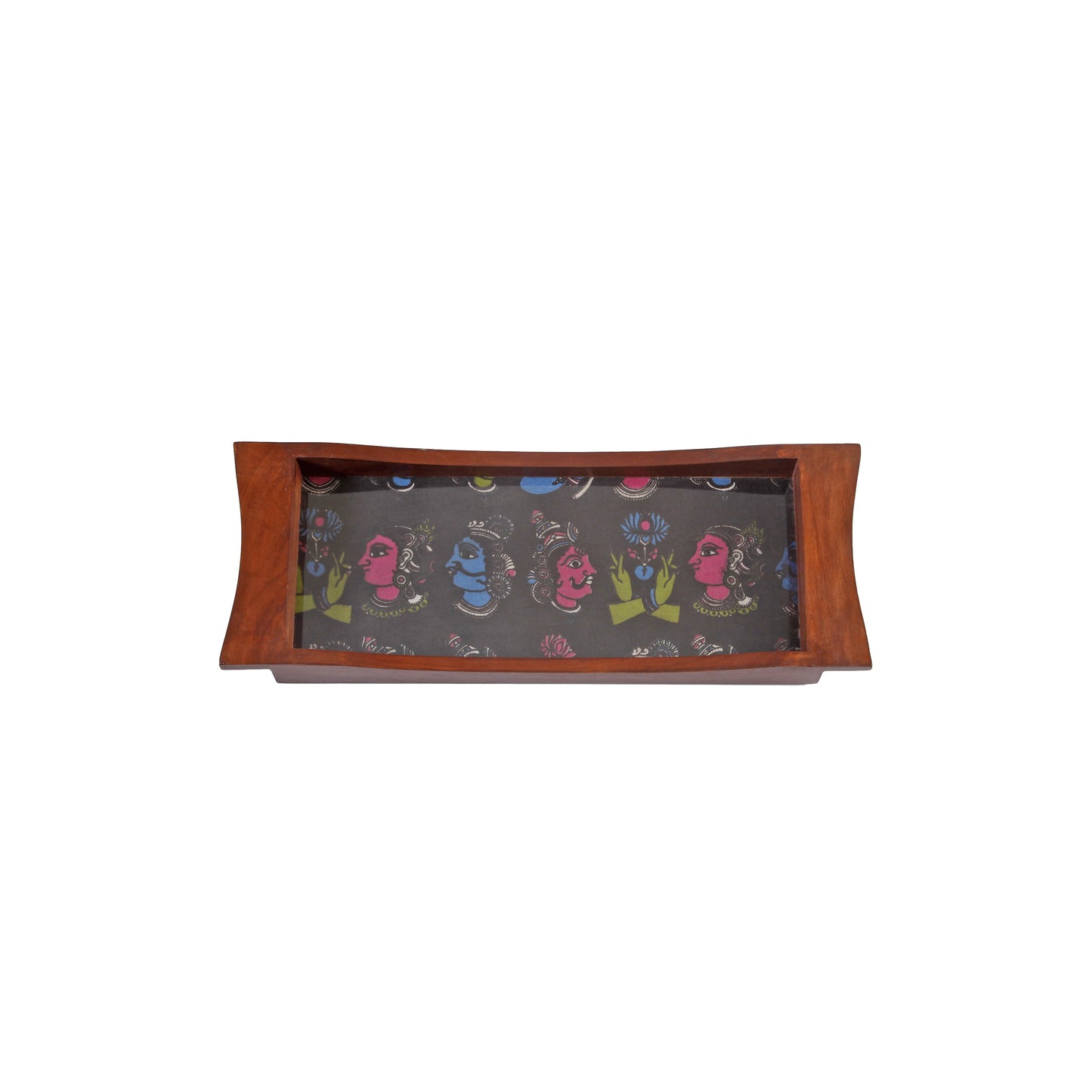 A Tiny Mistake Colourful Kalamkari Faces on Black Base Boat Shaped Teak Serving Tray, Tray for Serving Tea and Snacks, 35 x 15 x 4 cm