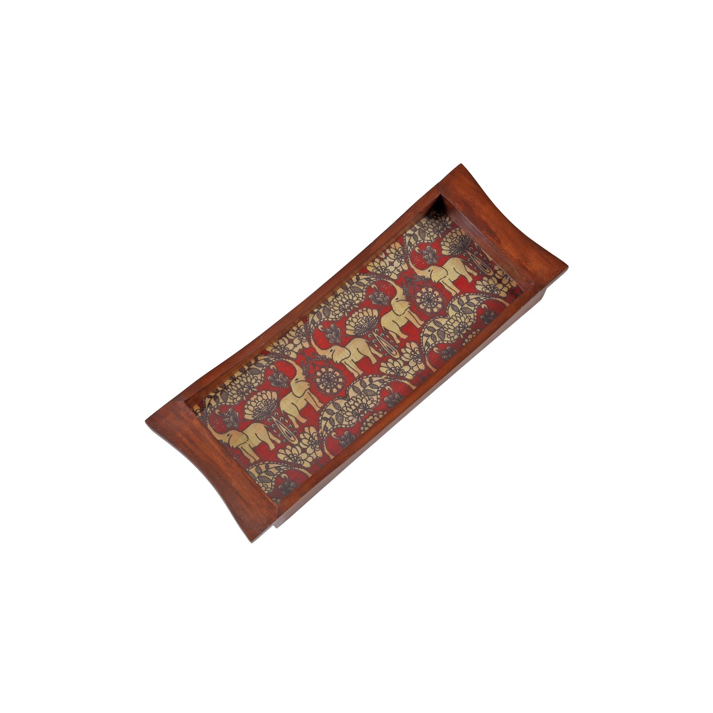 A Tiny Mistake Elephant Pattern on Maroon Base Boat Shaped Teak Serving Tray, Tray for Serving Tea and Snacks, 35 x 15 x 4 cm
