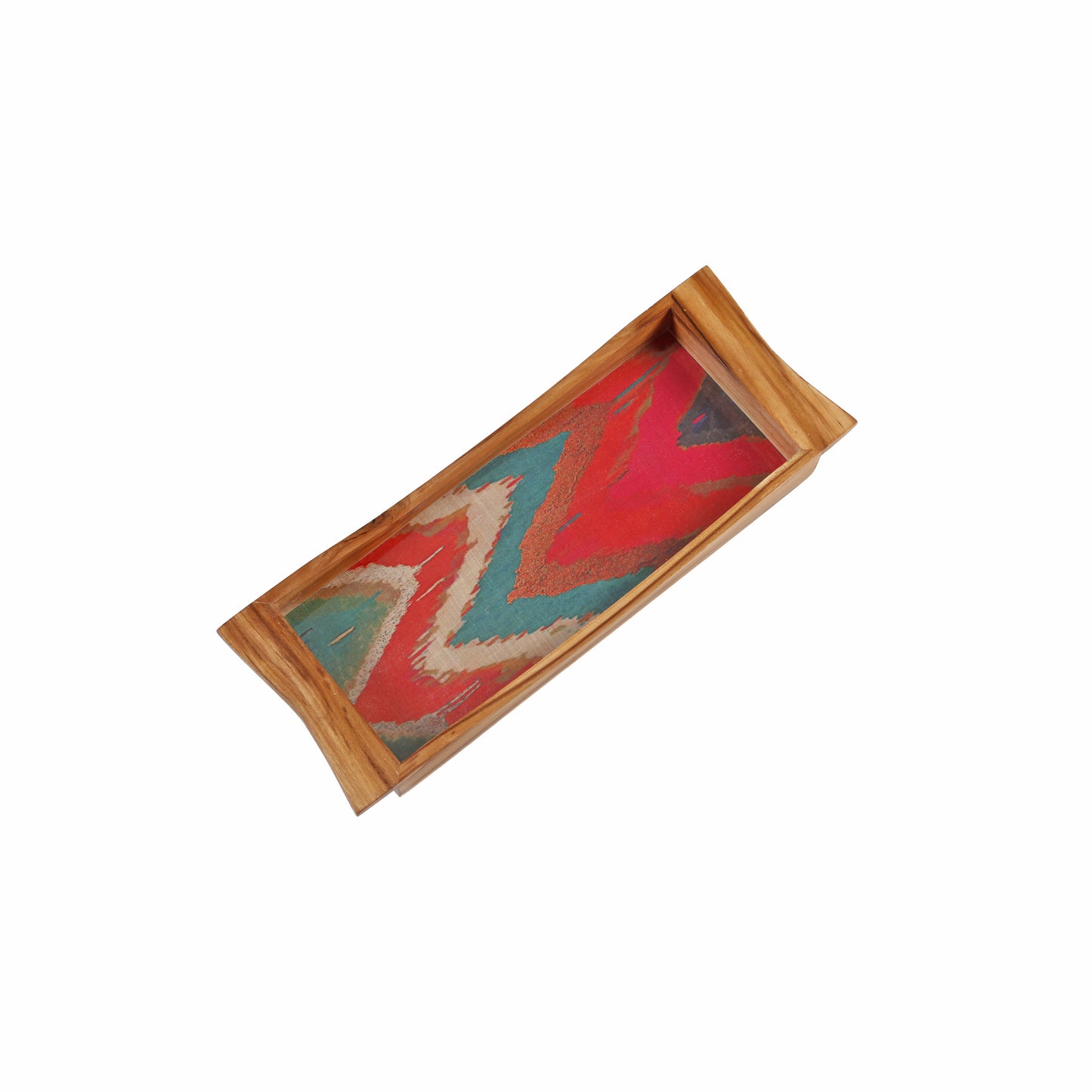 A Tiny Mistake Vibrant Ikat Print Boat Shaped Teak Serving Tray, Tray for Serving Tea and Snacks, 35 x 15 x 4 cm