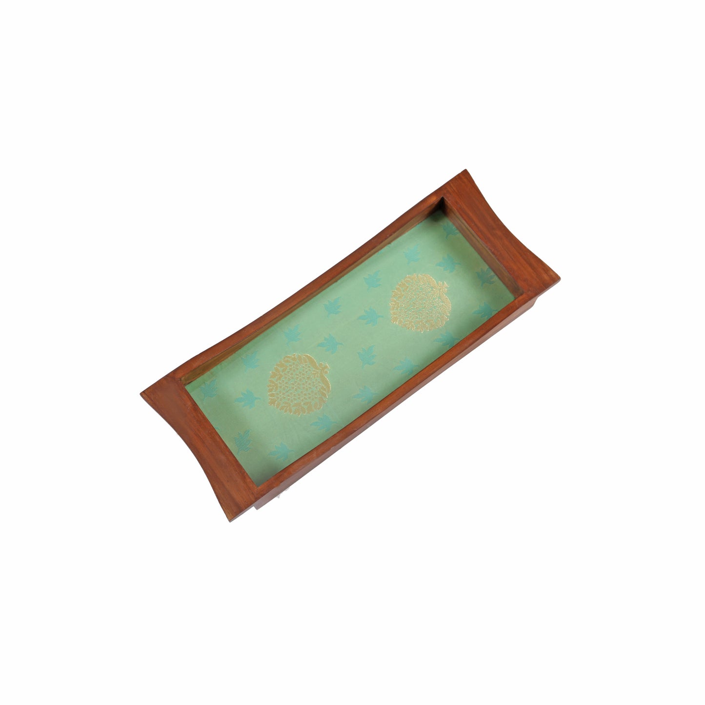 A Tiny Mistake Elegant Green Brocade Boat Shaped Teak Serving Tray, Tray for Serving Tea and Snacks, 35 x 15 x 4 cm