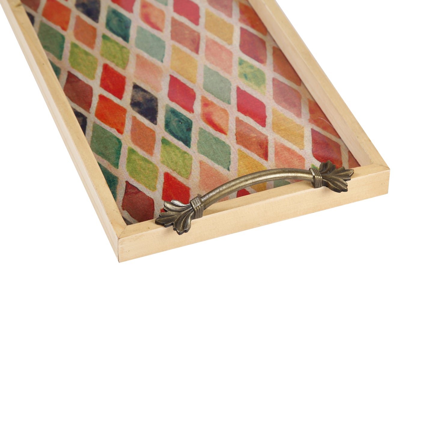 A Tiny Mistake Multicoloured Geometric Pattern Pine Tray with Handle Serving Pine Wood Tray
