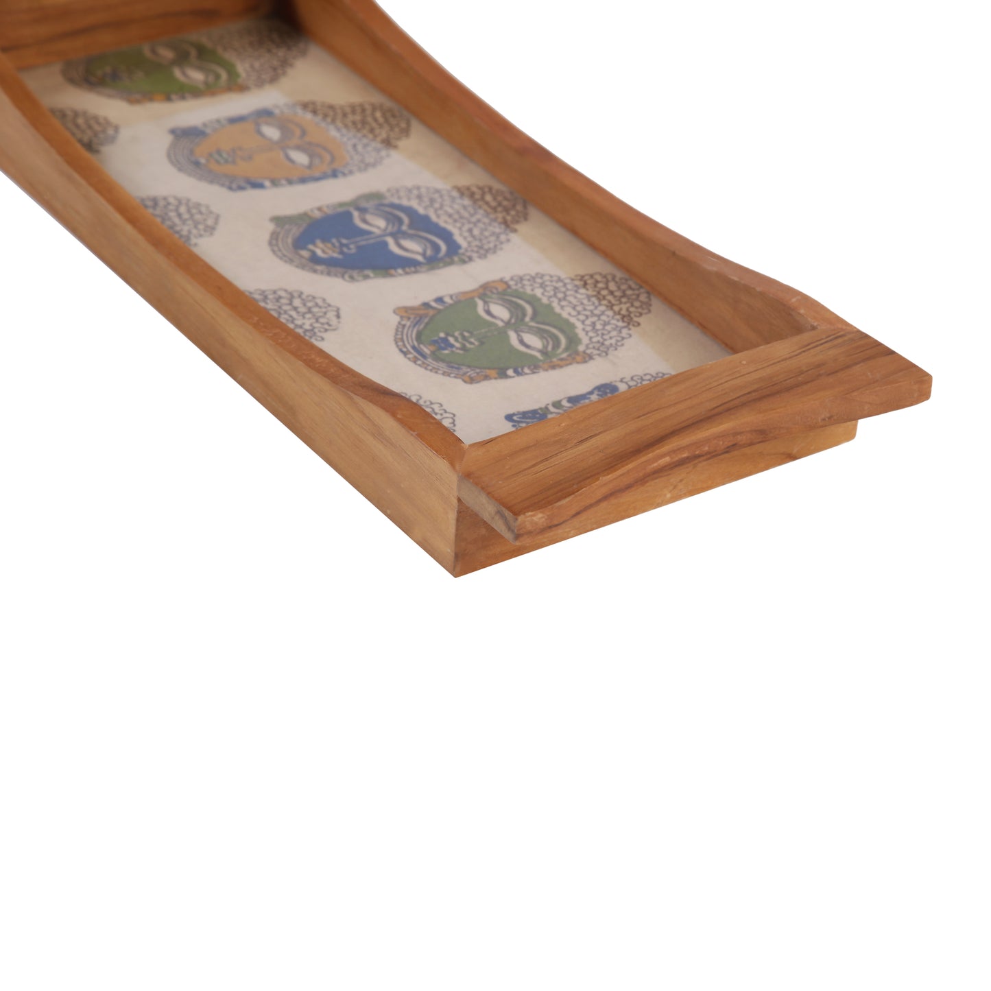 A Tiny Mistake Colourful Buddha Faces on Cream Base Boat Shaped Teak Serving Tray, Tray for Serving Tea and Snacks, 35 x 15 x 4 cm