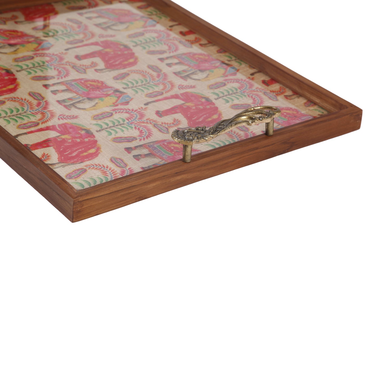 A Tiny Mistake Multicolour Elephant Print Teak Tray with Brass Handle Big Serving Tray