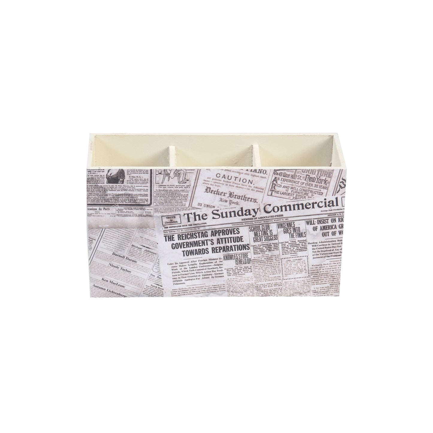 A Tiny Mistake Vintage Newspaper Wooden Cutlery Holder, 18 x 10 x 6.5 cm