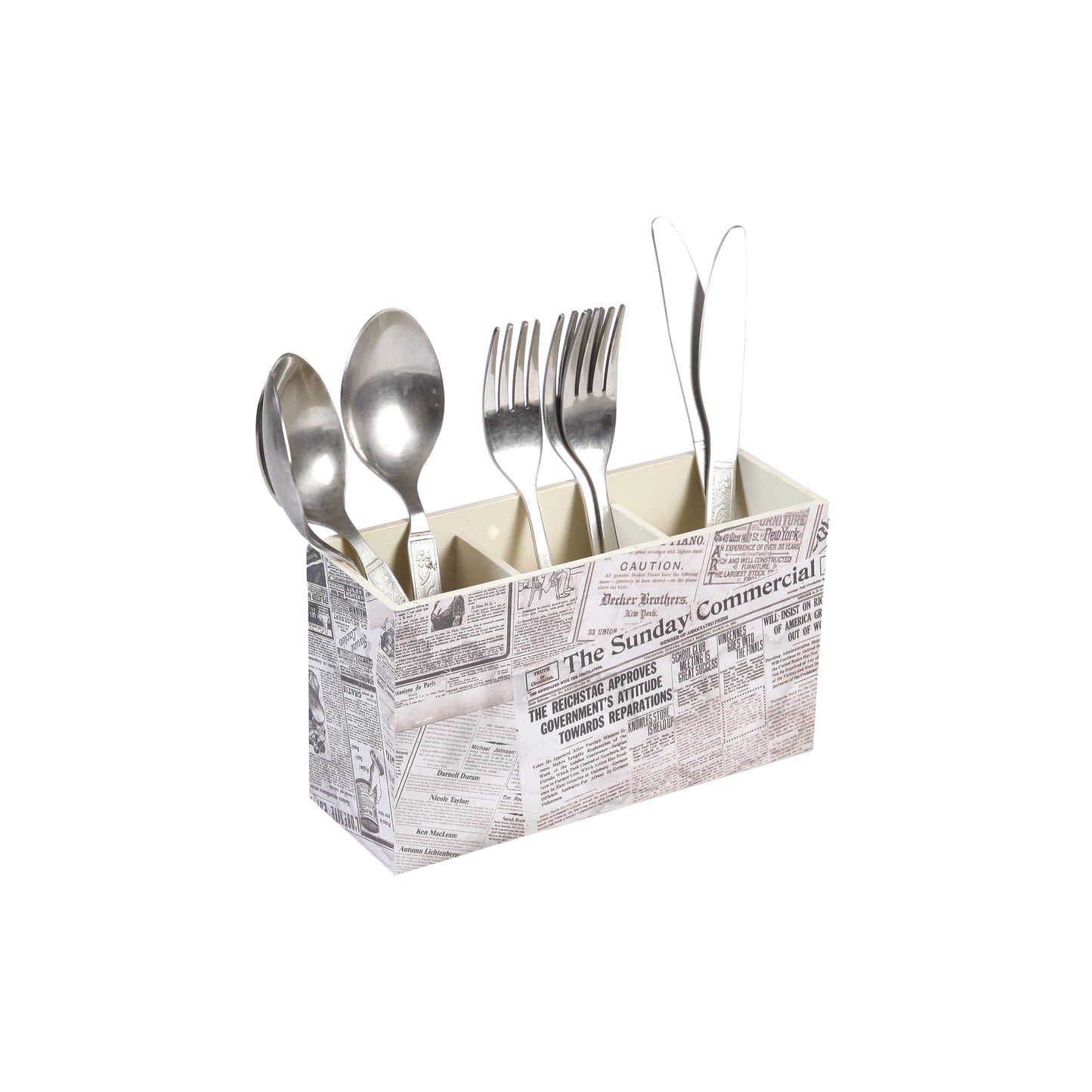 A Tiny Mistake Vintage Newspaper Wooden Cutlery Holder, 18 x 10 x 6.5 cm