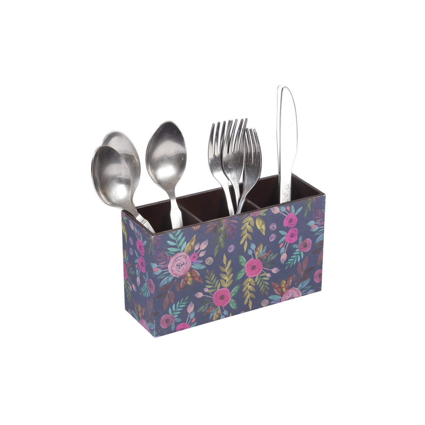 A Tiny Mistake Blue Floral Pattern Wooden Cutlery Holder, 18 x 10 x 6.5 cm