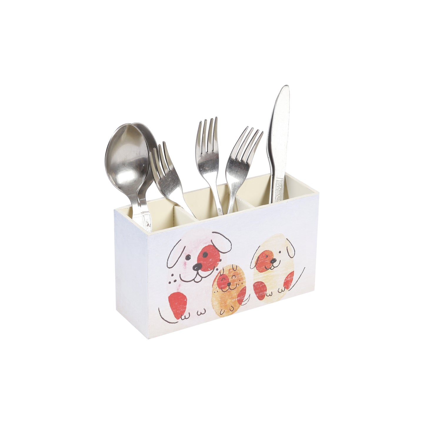 A Tiny Mistake Happy Dogs Wooden Cutlery Holder, 18 x 10 x 6.5 cm