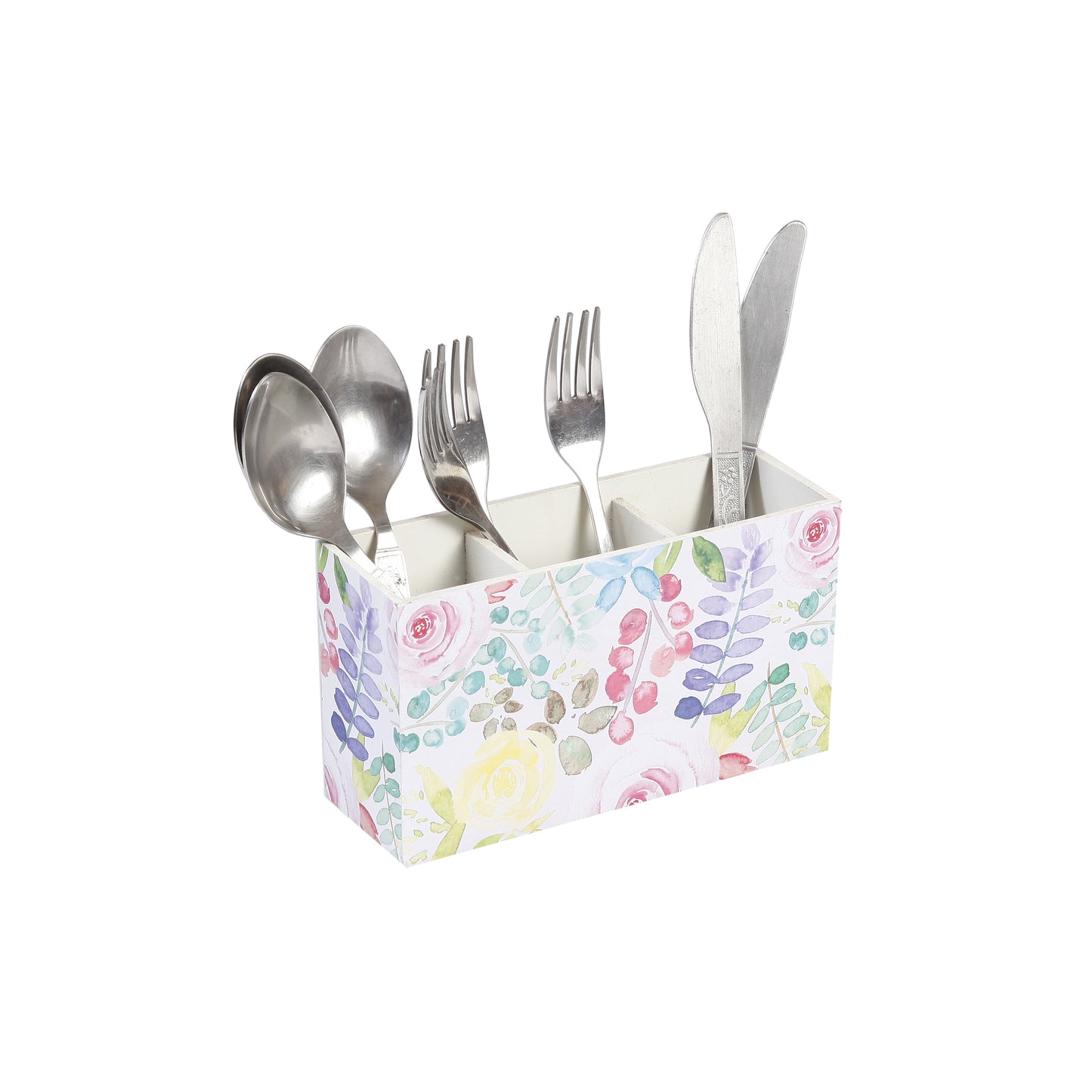 A Tiny Mistake Watercolour Roses Wooden Cutlery Holder, 18 x 10 x 6.5 cm