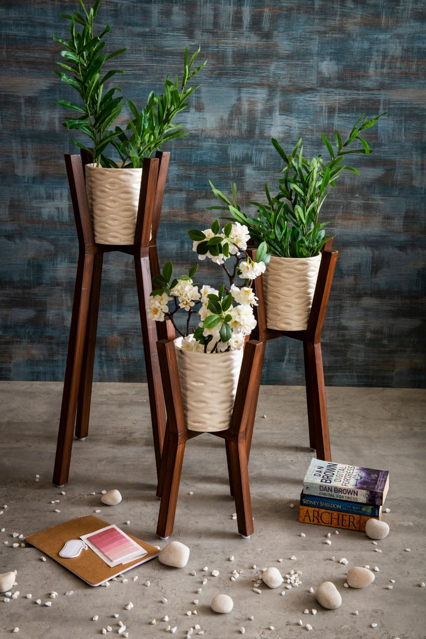 Three Wooden Planter Stands with Ceramic Pots