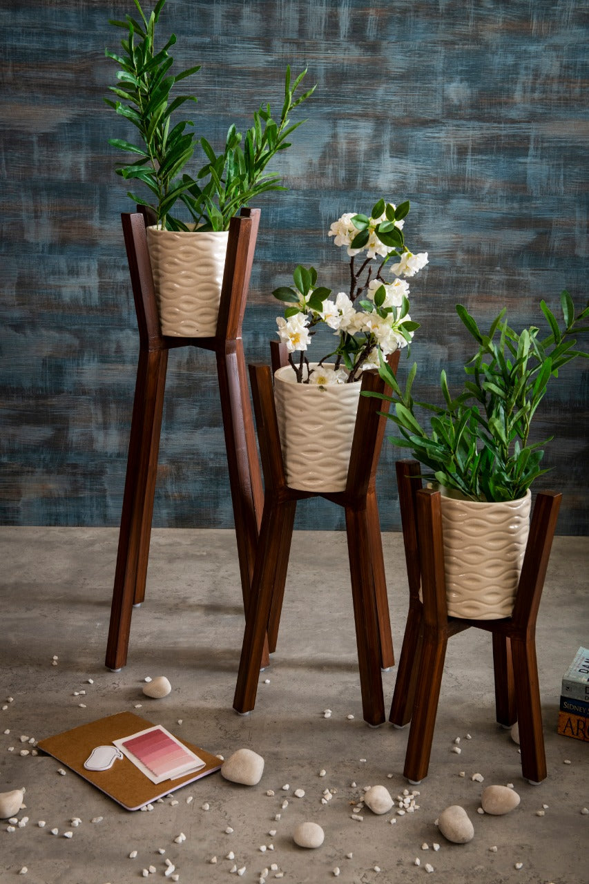 Three Wooden Planter Stands with Ceramic Pots