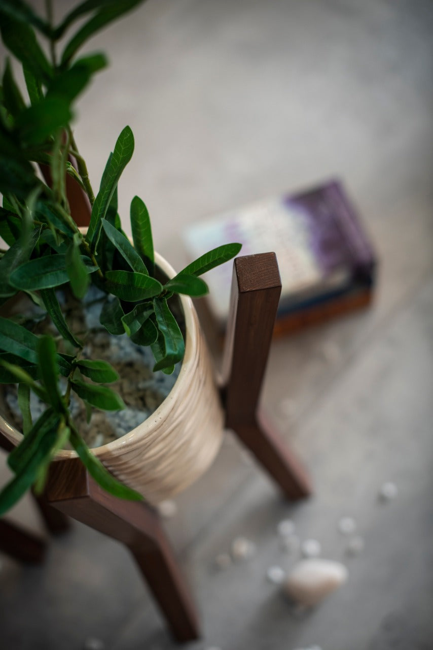 Three Wooden Planter Stands with Ceramic Pots