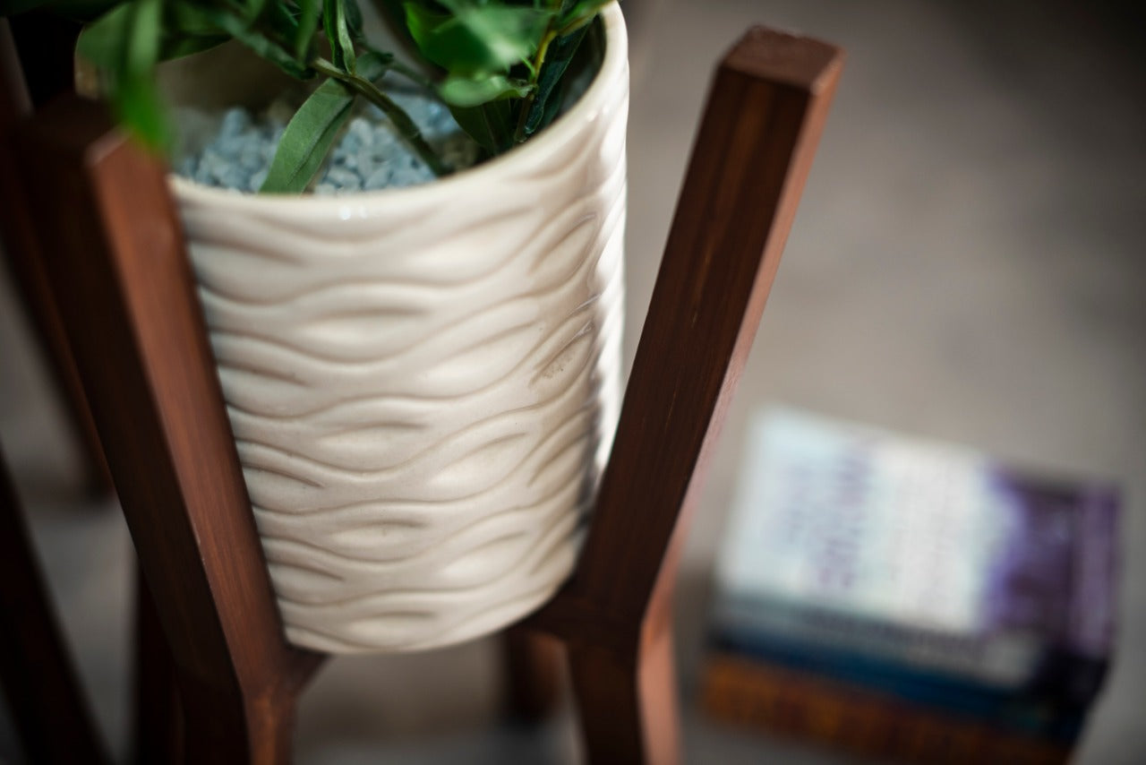 Three Wooden Planter Stands with Ceramic Pots