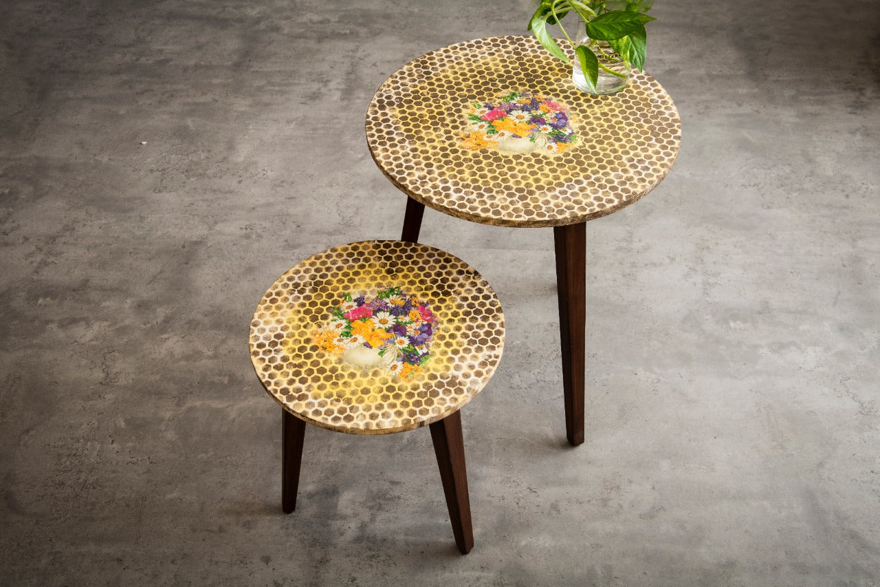 A Tiny Mistake Honeycomb Pattern Wooden Nesting Tables (Set of 2), Living Room Decor
