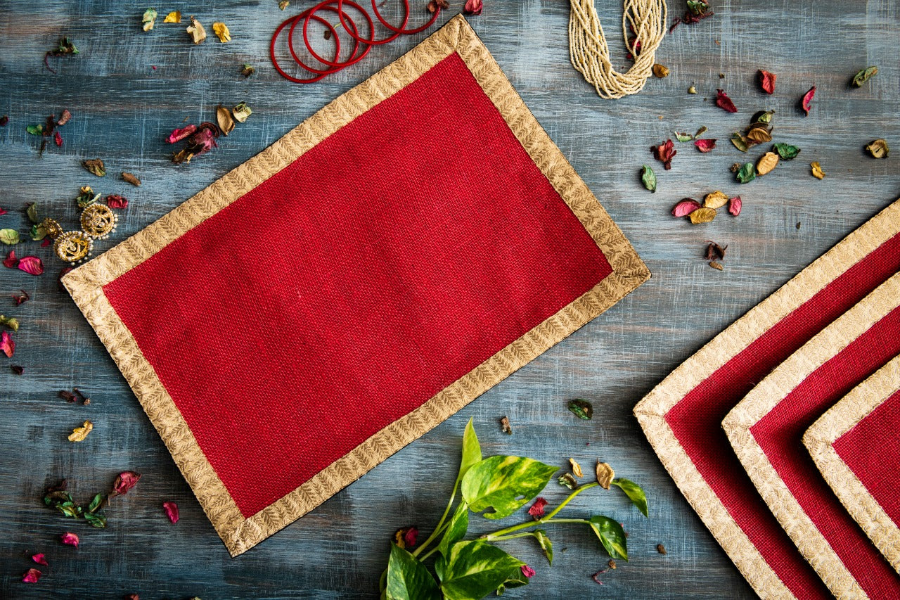 A Tiny Mistake Set of 4 Gold Leaf Border on Red Stiff Jute Picnic Mats