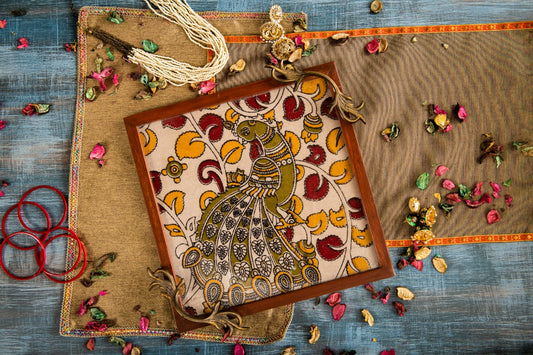A Tiny Mistake Kalamkari Peacock on a Flower Branch Square Tray with Brass Handle Serving Tray