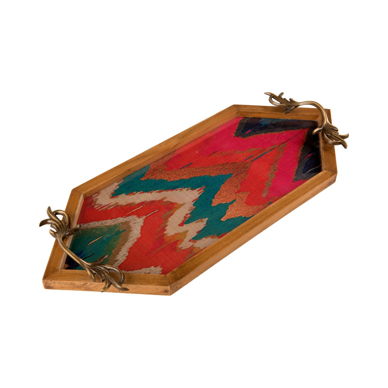 A Tiny Mistake Vibrant Ikat Print Diamond Shaped Teak Serving Tray with Brass Handle, Tray for Serving Tea and Snacks, 49 x 20 x 2 cm