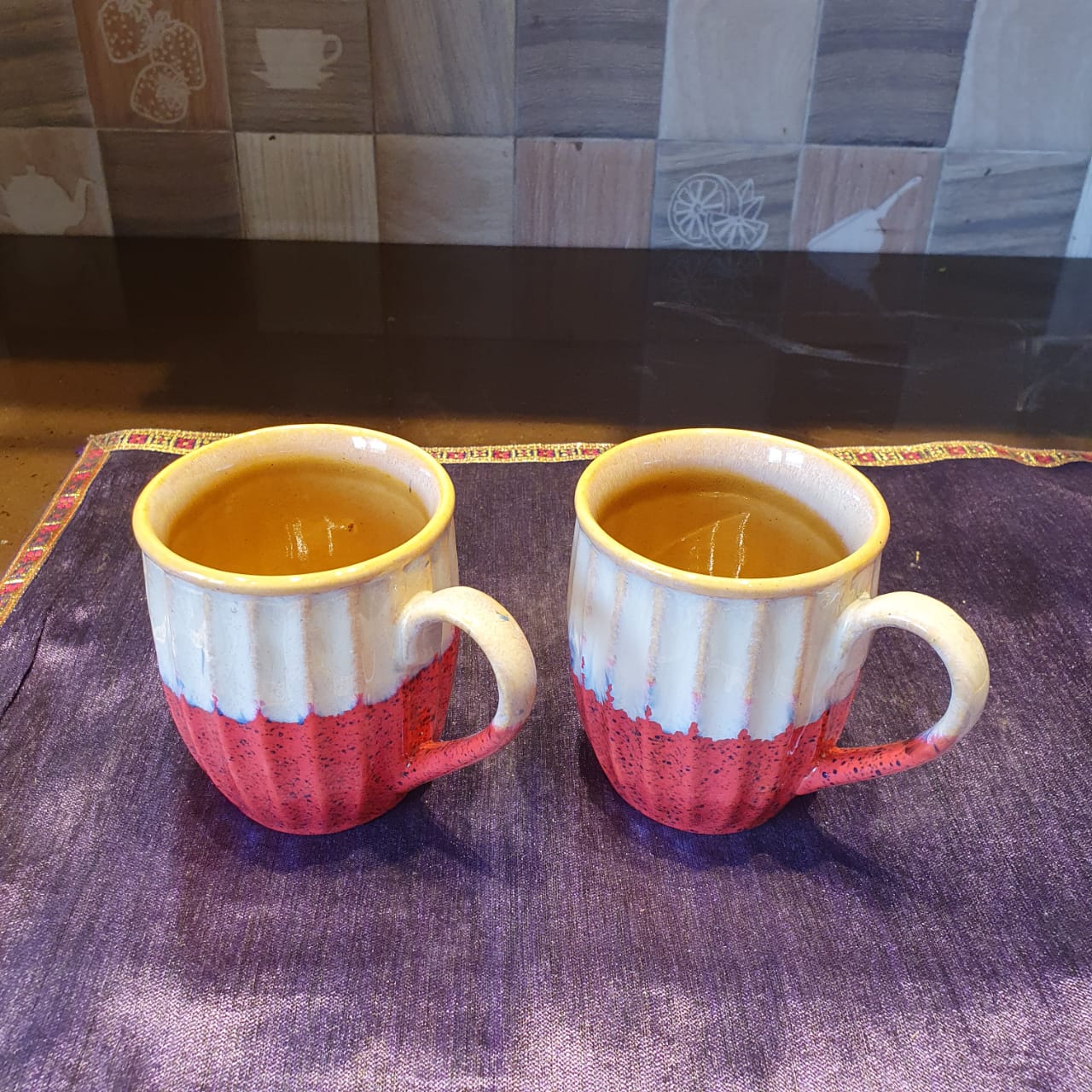 Red and Mustard Stripes Pattern Ceramic Mugs, Set of 2, Coffee and Tea Mugs, Soup Mugs 240 Ml Each