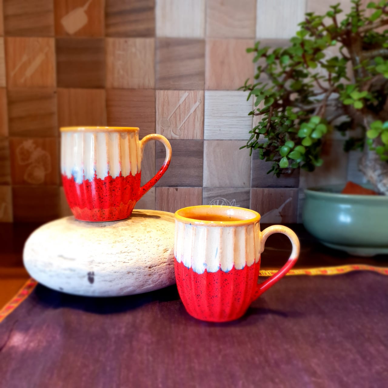Red and Mustard Stripes Pattern Ceramic Mugs, Set of 2, Coffee and Tea Mugs, Soup Mugs 240 Ml Each