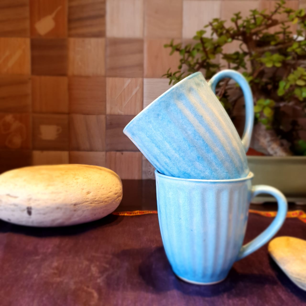 Pastel Blue Stripes Pattern Ceramic Mugs, Set of 2, Coffee and Tea Mugs, Soup Mugs 340 Ml Each
