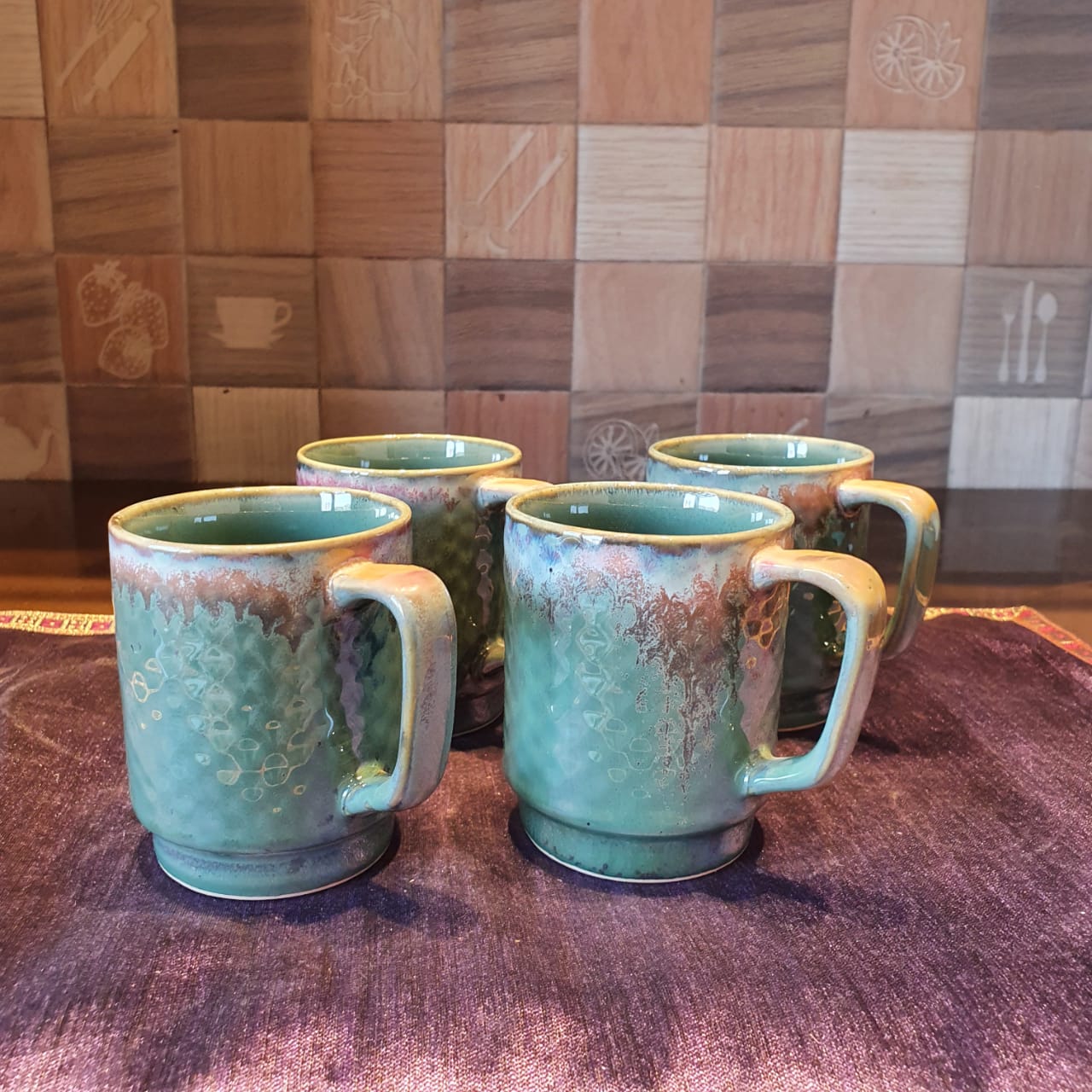 Turquoise Ceramic Mugs with Yellow and Pink Tints, Set of 4, Coffee and Tea Mugs, Soup Mugs 170 Ml Each, Set of 4 Tea Cups