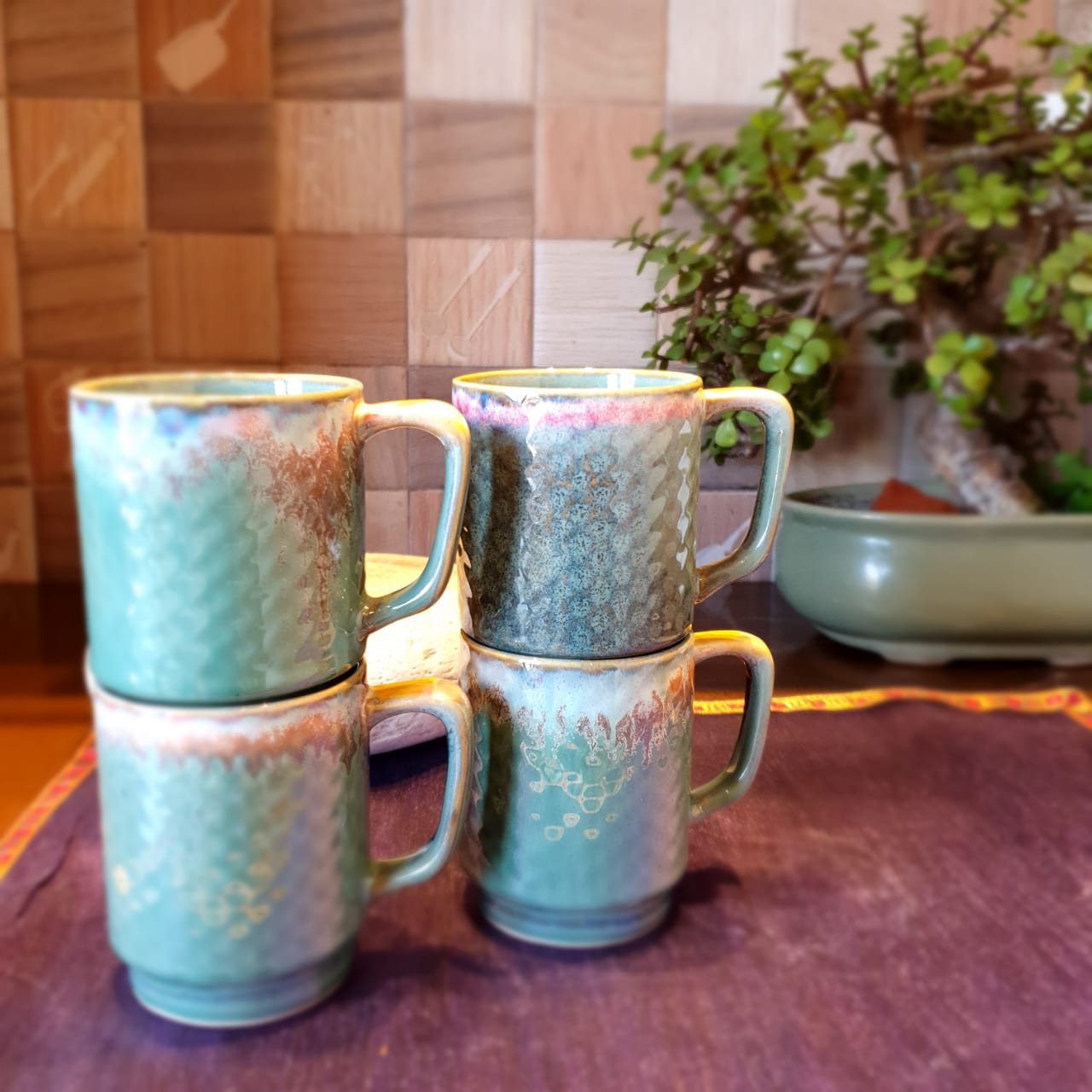 Turquoise Ceramic Mugs with Yellow and Pink Tints, Set of 4, Coffee and Tea Mugs, Soup Mugs 170 Ml Each, Set of 4 Tea Cups