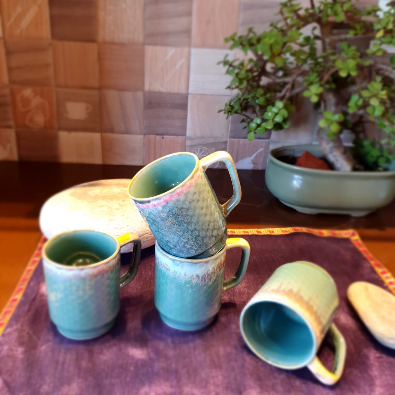 Turquoise Ceramic Mugs with Yellow and Pink Tints, Set of 4, Coffee and Tea Mugs, Soup Mugs 170 Ml Each, Set of 4 Tea Cups