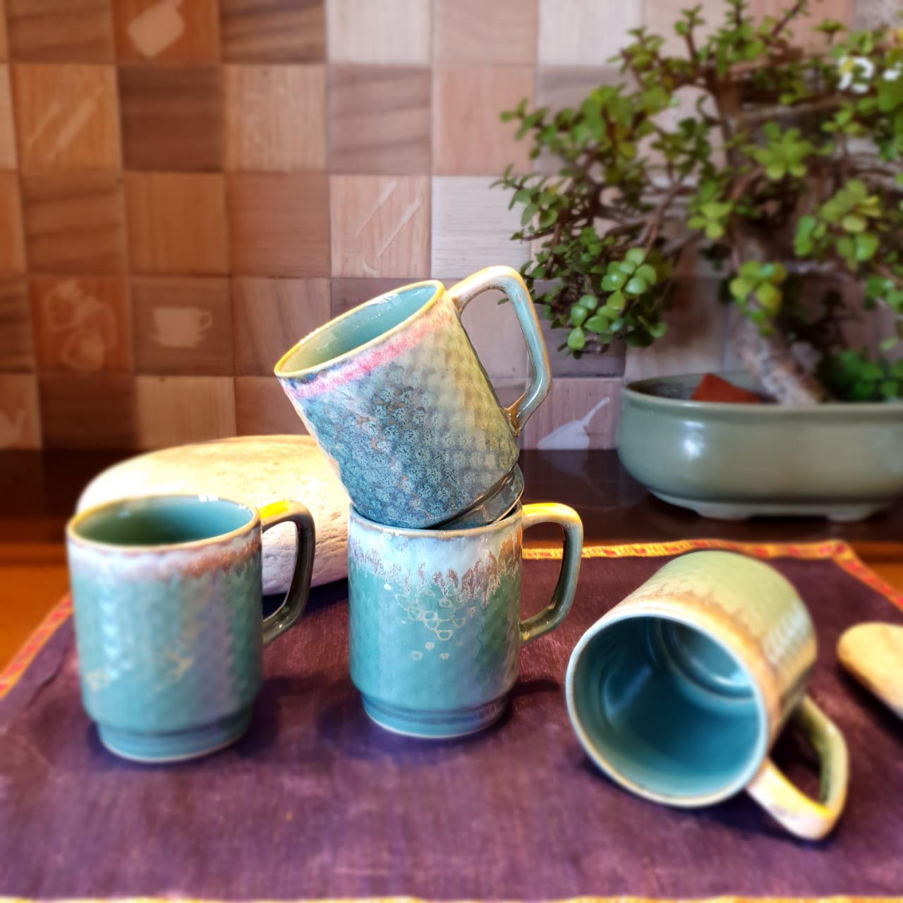 Turquoise Ceramic Mugs with Yellow and Pink Tints, Set of 4, Coffee and Tea Mugs, Soup Mugs 170 Ml Each, Set of 4 Tea Cups