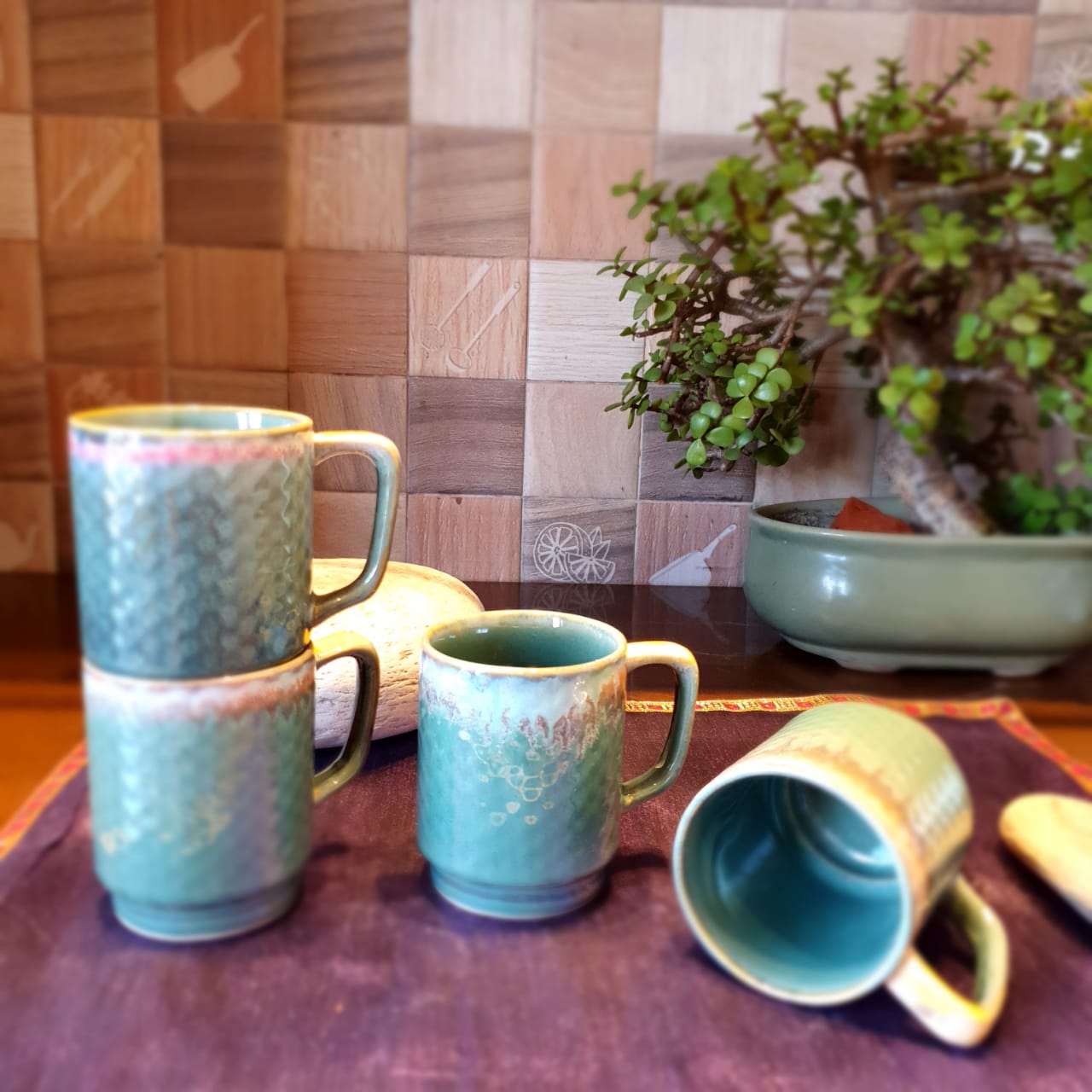 Turquoise Ceramic Mugs with Yellow and Pink Tints, Set of 4, Coffee and Tea Mugs, Soup Mugs 170 Ml Each, Set of 4 Tea Cups