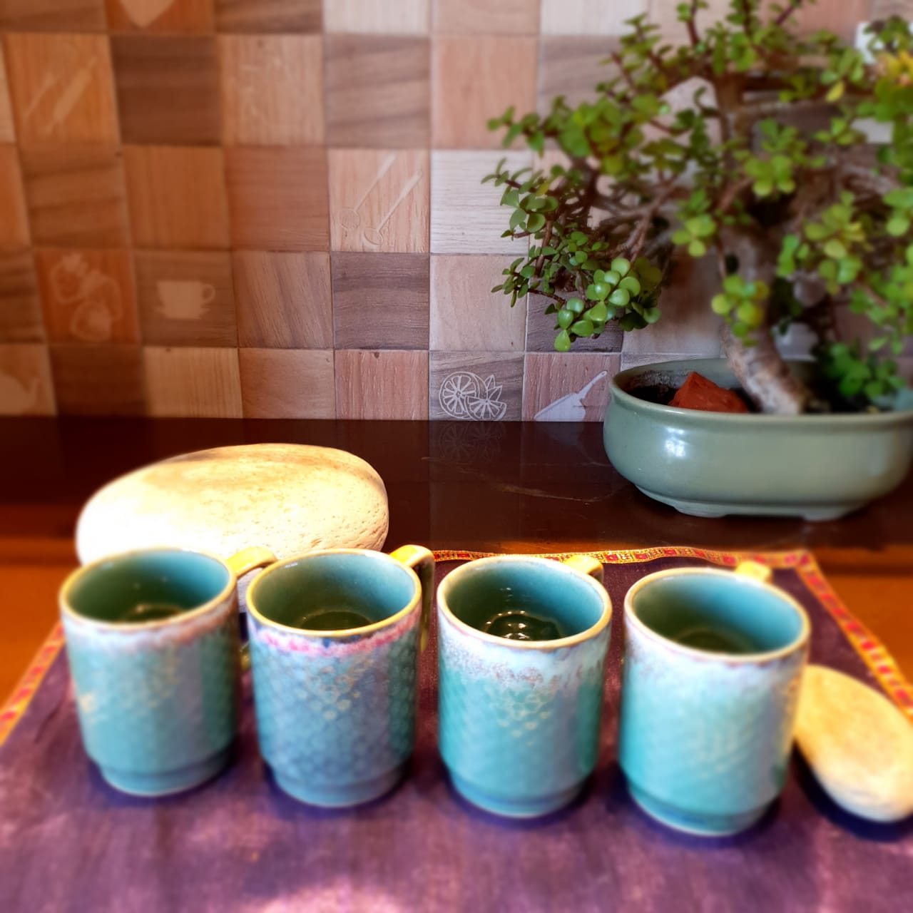 Turquoise Ceramic Mugs with Yellow and Pink Tints, Set of 4, Coffee and Tea Mugs, Soup Mugs 170 Ml Each, Set of 4 Tea Cups