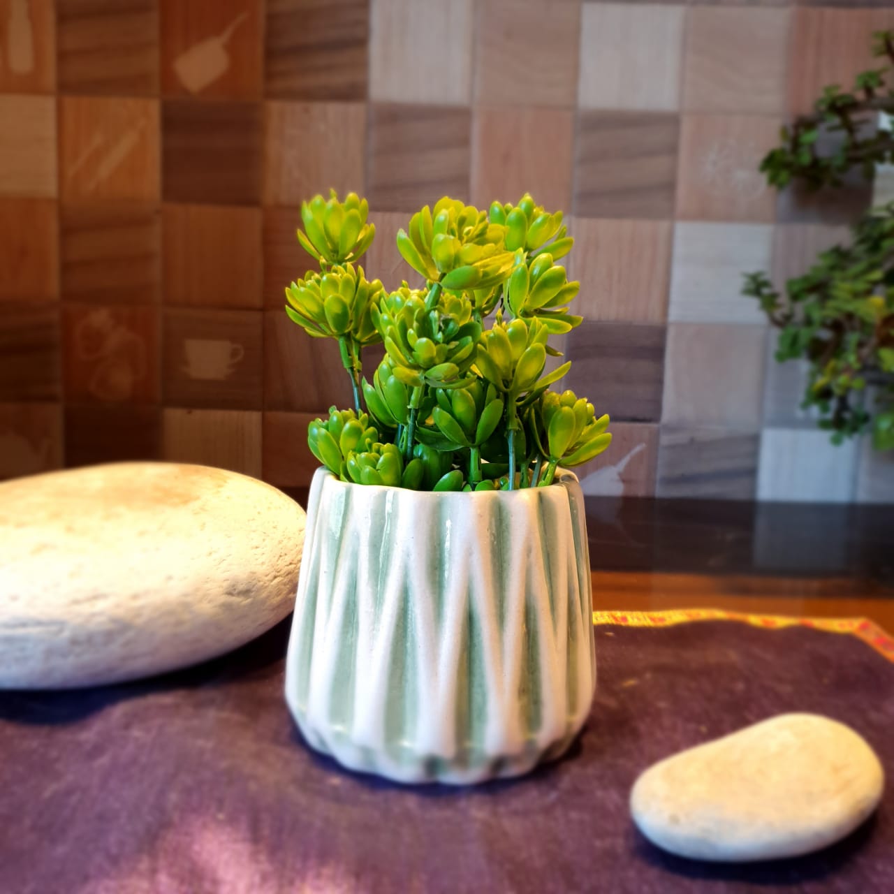Zig Zag Lines Elegant Jade Desk Planter, Outdoor and Indoor Planter, Ceramic Planter for Real Plants