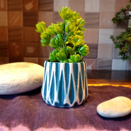 Zig Zag Lines Elegant Turquoise Desk Planter, Outdoor and Indoor Planter, Ceramic Planter for Real Plants