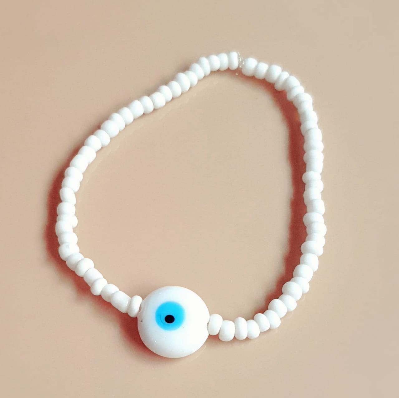 ATM Evil Eye Bracelet, Flat White Evil Eye with White Beads for Good Luck and Prosperity, Nazariya, Nazar Battu , Flexi Cord (1 Piece) (White Evil Eye - Purity, Focus and Wealth)