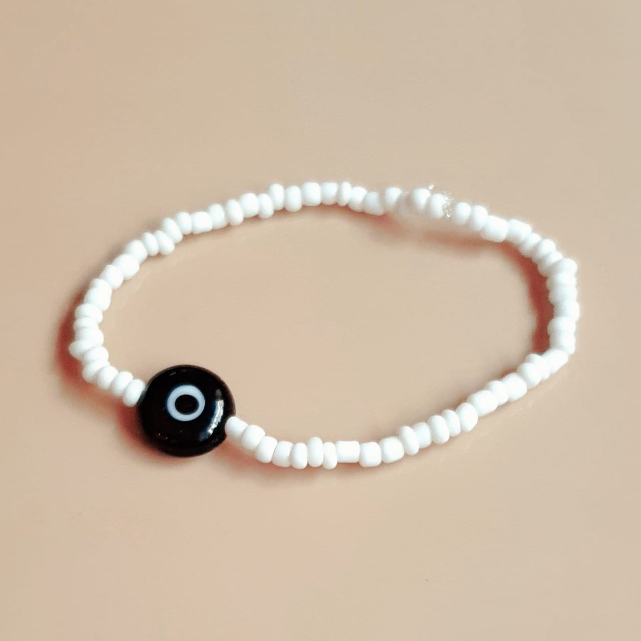 ATM Evil Eye Bracelet, Flat Black Evil Eye with White Beads for Good Luck and Prosperity, Nazariya, Nazar Battu , Flexi Cord (1 Piece) (Black Evil Eye - Power and Protection)
