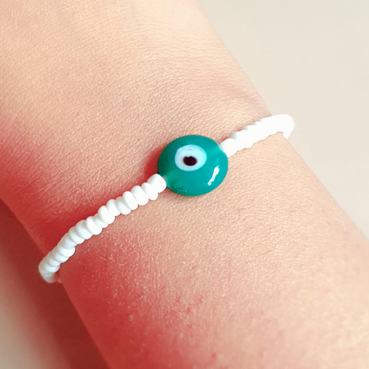 ATM Evil Eye Bracelet, Flat Turquoise Evil Eye with White Beads for Good Luck and Prosperity, Nazariya, Nazar Battu , Flexi Cord (1 Piece) (Turquoise Evil Eye - Happiness and Protection)