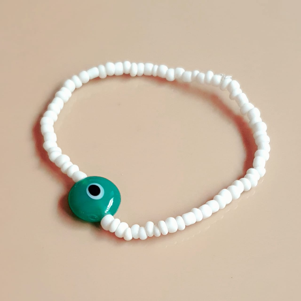 ATM Evil Eye Bracelet, Flat Turquoise Evil Eye with White Beads for Good Luck and Prosperity, Nazariya, Nazar Battu , Flexi Cord (1 Piece) (Turquoise Evil Eye - Happiness and Protection)