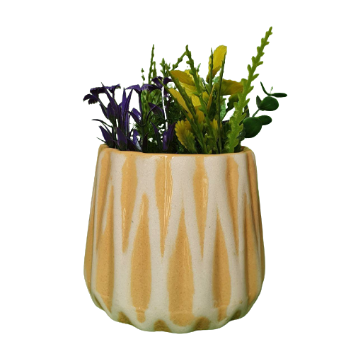 Zig Zag Lines Elegant Yellow Desk Planter, Outdoor and Indoor Planter, Ceramic Planter for Real Plants