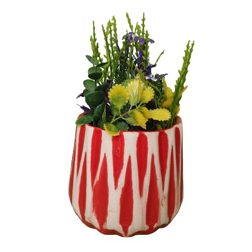 Zig Zag Lines Elegant Red Desk Planter, Outdoor and Indoor Planter, Ceramic Planter for Real Plants