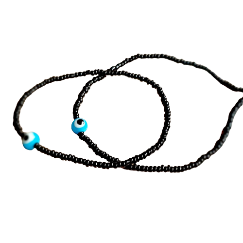 ATM Evil Eye Bracelet for Couples, Light Blue Evil Eye with Black Beads for Good Luck and Prosperity, Nazariya, Nazar Battu, Evil Eye Charm Bracelet , Flexi Cord (2 Pieces)
