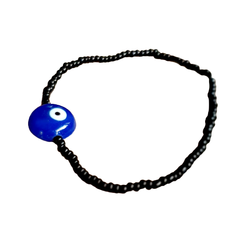 ATM Evil Eye Bracelet, Flat Blue Evil Eye with Black Beads for Good Luck and Prosperity, Nazariya, Nazar Battu, Evil Eye Charm Bracelet , Flexi Cord (1 Piece)