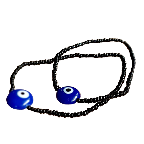 ATM Evil Eye Bracelet for Couples, Flat Blue Evil Eye with Black Beads for Good Luck and Prosperity, Nazariya, Nazar Battu, Evil Eye Charm Bracelet , Flexi Cord (2 Piece)