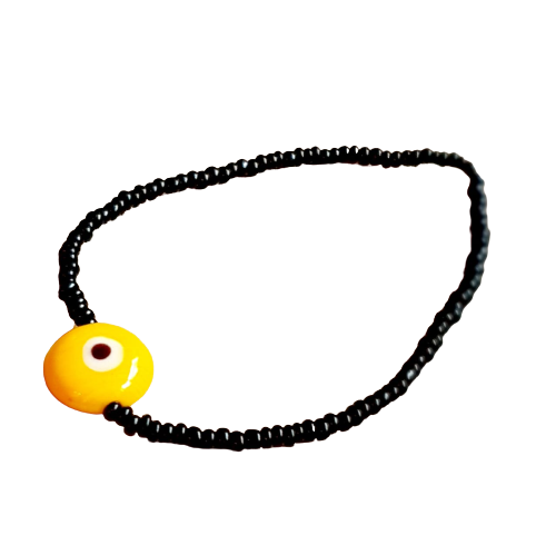 ATM Evil Eye Bracelet, Flat Yellow Evil Eye with Black Beads for Good Luck and Prosperity, Nazariya, Nazar Battu , Flexi Cord (1 Piece) (Yellow Evil Eye - Health and Concentration)