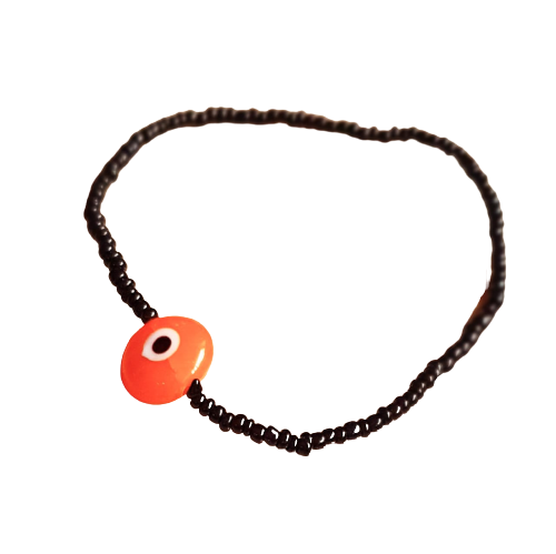 ATM Evil Eye Bracelet, Flat Orange Evil Eye with Black Beads for Good Luck and Prosperity, Nazariya, Nazar Battu , Flexi Cord (1 Piece) (Orange Evil Eye - Happiness, Protection and Creativity)