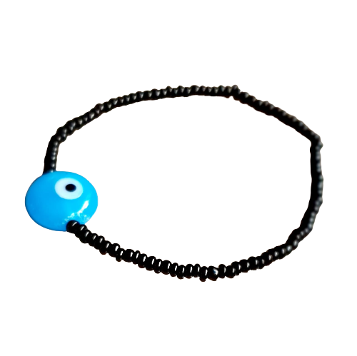 ATM Evil Eye Bracelet, Flat Light Blue Evil Eye with Black Beads for Good Luck and Prosperity, Nazariya, Nazar Battu , Flexi Cord (1 Piece) (Light Blue Evil Eye - Solitude, Protection and Peace)