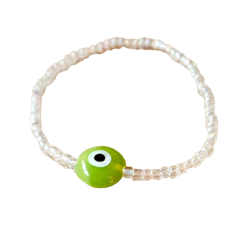 ATM Evil Eye Bracelet, Flat Light Green Evil Eye with Transparent Beads for Good Luck and Prosperity, Nazariya, Nazar Battu , Flexi Cord (1 Piece) (Light Green Evil Eye - Success and Good Health)