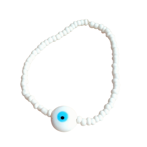ATM Evil Eye Bracelet, Flat White Evil Eye with White Beads for Good Luck and Prosperity, Nazariya, Nazar Battu , Flexi Cord (1 Piece) (White Evil Eye - Purity, Focus and Wealth)